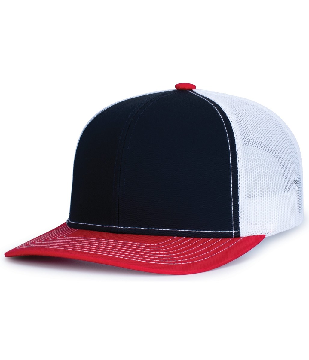 Pacific Headwear 104S Snapback Trucker Hat – Navy/White, Contrast Stitching, Mid-Profile, Adjustable Snapback