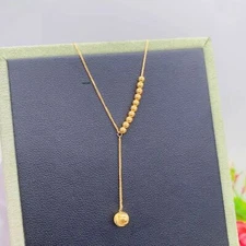 Pure 18K Yellow Gold Chain Women Lucky Glossy Beads Ball Wheat Link Necklace 