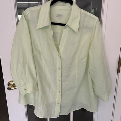 Talbots 100% Linen Blouse Plus Size 1X Lime Green 3/4 Sleeve Lagenlook Coastal
