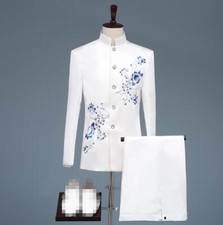 Men's Youth Suit Stage Dress Party Casual Banquet Stand Collar Coat pants 2PCS