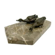 Pair of Bronze Ducks Mounted on a Marble Base Vide Poche Bowl circa 1940
