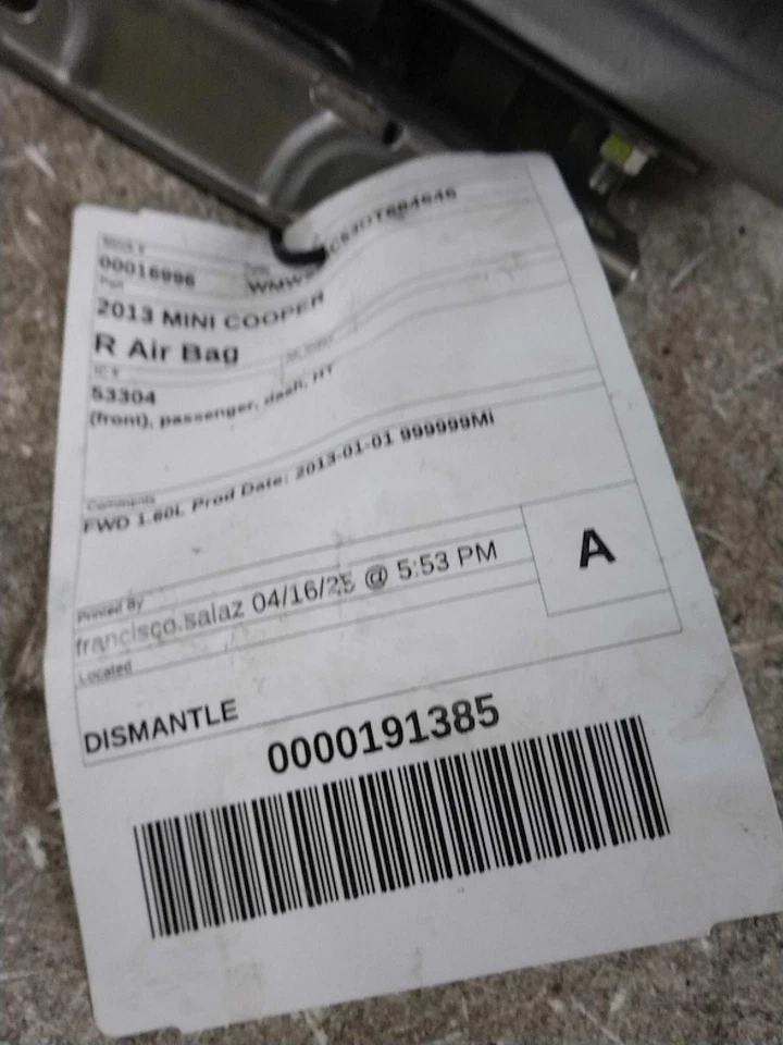 2013 MINI COOPER Instrument Panel Air Bag RED FWD 1.6L 116K Mi OEM Used - Image 3 of 4