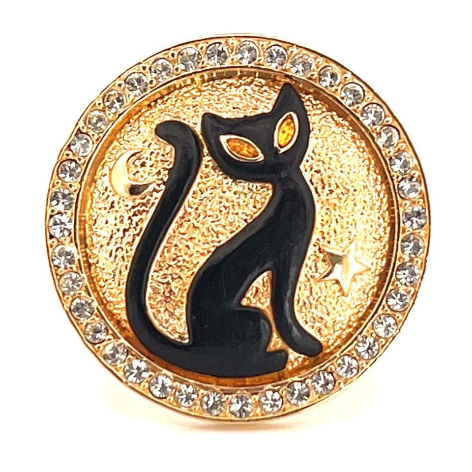 Gold Plated Black Cat Ring Set With Enamel And Sparkling Czech Crystals - Image 3 of 4