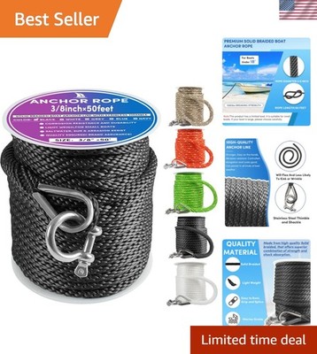 Anchor Rope 50 ft x 3/8 inch, Solid Braid MFP Anchor Line Boat Rope with Thim...
