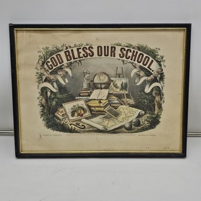 God Bless Our School Currier & Ives Framed Print Globe Map Books