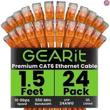 GearIT Cat 6 Ethernet Cable (24-Pack 1.5 Feet) Cat6 Network Patch, 10Gbps,