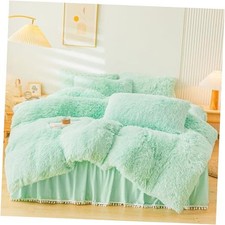 Fluffy Faux Fur Comforter Cover Set  Fluffy Fuzzy Plush Bedding Queen Mint Green
