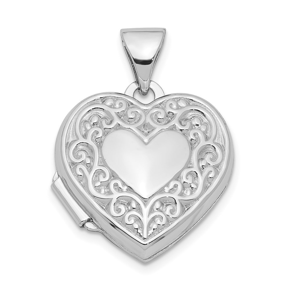 Sterling Silver Rhodium-plated Scroll Border Heart Locket Pendant 0.73gm