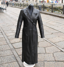 Long Matrix Damen Leder Trenchcoat schwarz Vintage mit Gürtel - Größe XS 38