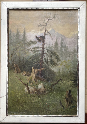 ::ÖLGEMÄLDE ROMANTIKER  TANNENBAUM MIT AUERHAHN BERGLANDSCHAFT 1900 JAGDLICH