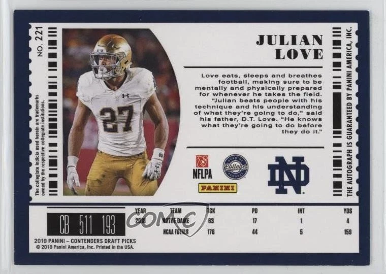 2019 Contenders Draft Picks College Fame Ticket /5 Julian Love Rookie Auto RC - Image 2 of 2