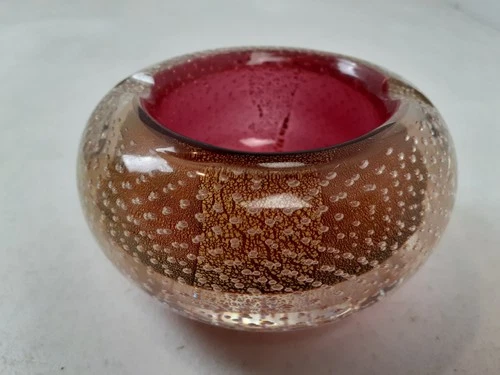 VTG MURANO  Art Glass Ashtray with Controlled Bubble Candy Dish 4"x2.5" Red Gold