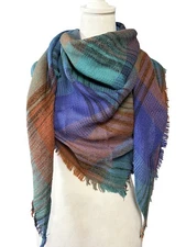 John Meyer Scarf Womens One Size Blue Green Brown Plaid Triangle Shawl Wrap