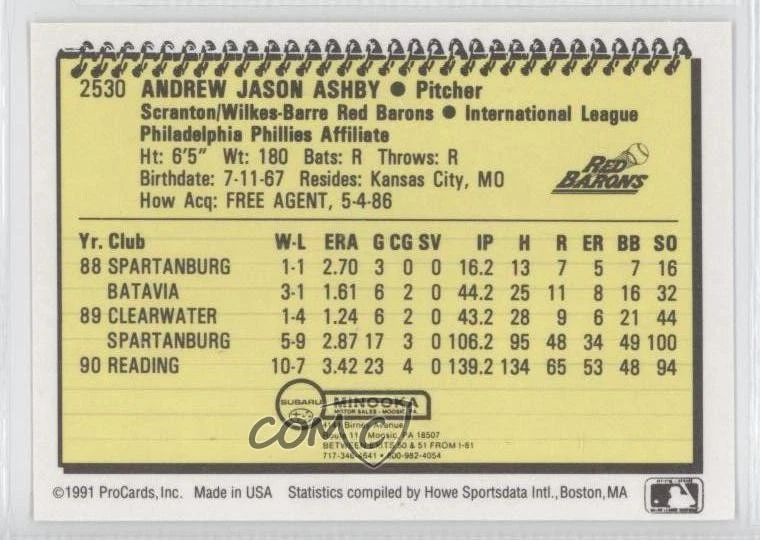 1991 ProCards Minor League Andy Ashby #2530 Rookie RC - Image 2 of 2