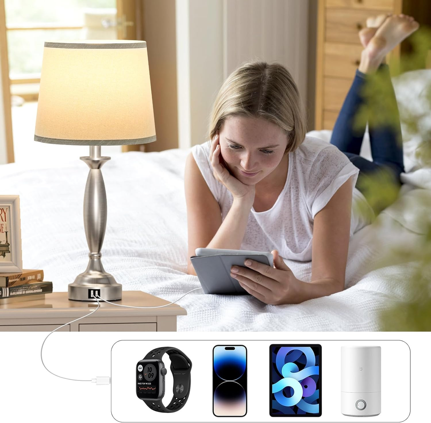 Dimmable Touch Control Bedside Lamps with USB Ports - Set of 2, Brushed Nickel