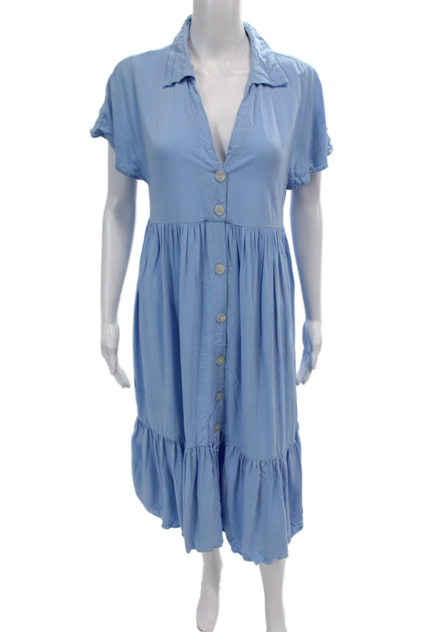 Zara Womens Button Front Short Sleeve V Neck Midi Shift Dress Blue Size SmallFree Shipping in US $100+ Orders | $6.95 Orders Below