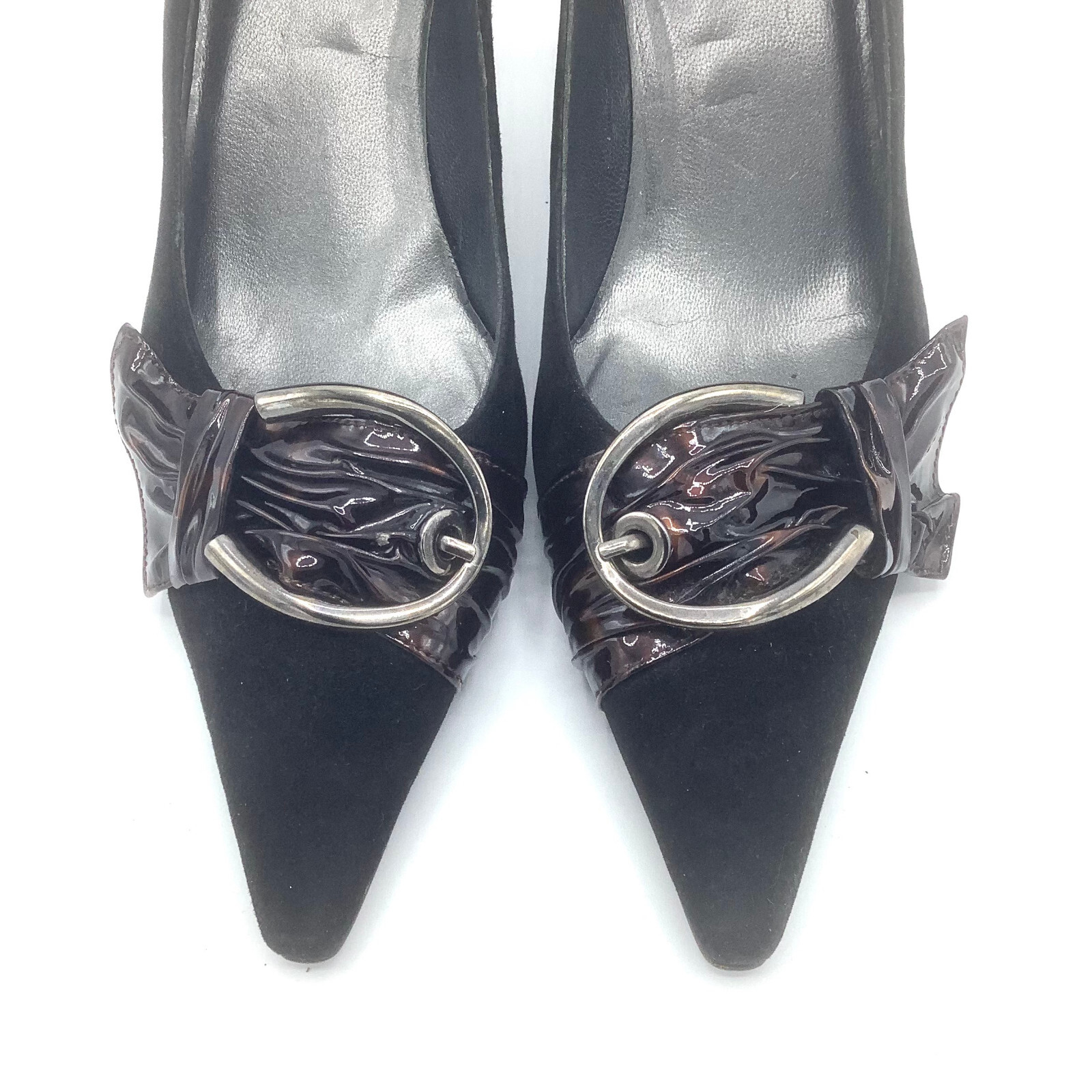 Stuart Weitzman Shoes Sz 7 Black Pointed Toe Buckle Suede Pump Heels