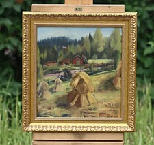 Landschaft mit Bauernhof – Öl auf Leinwand Gemälde, signiert, mit Rahmen