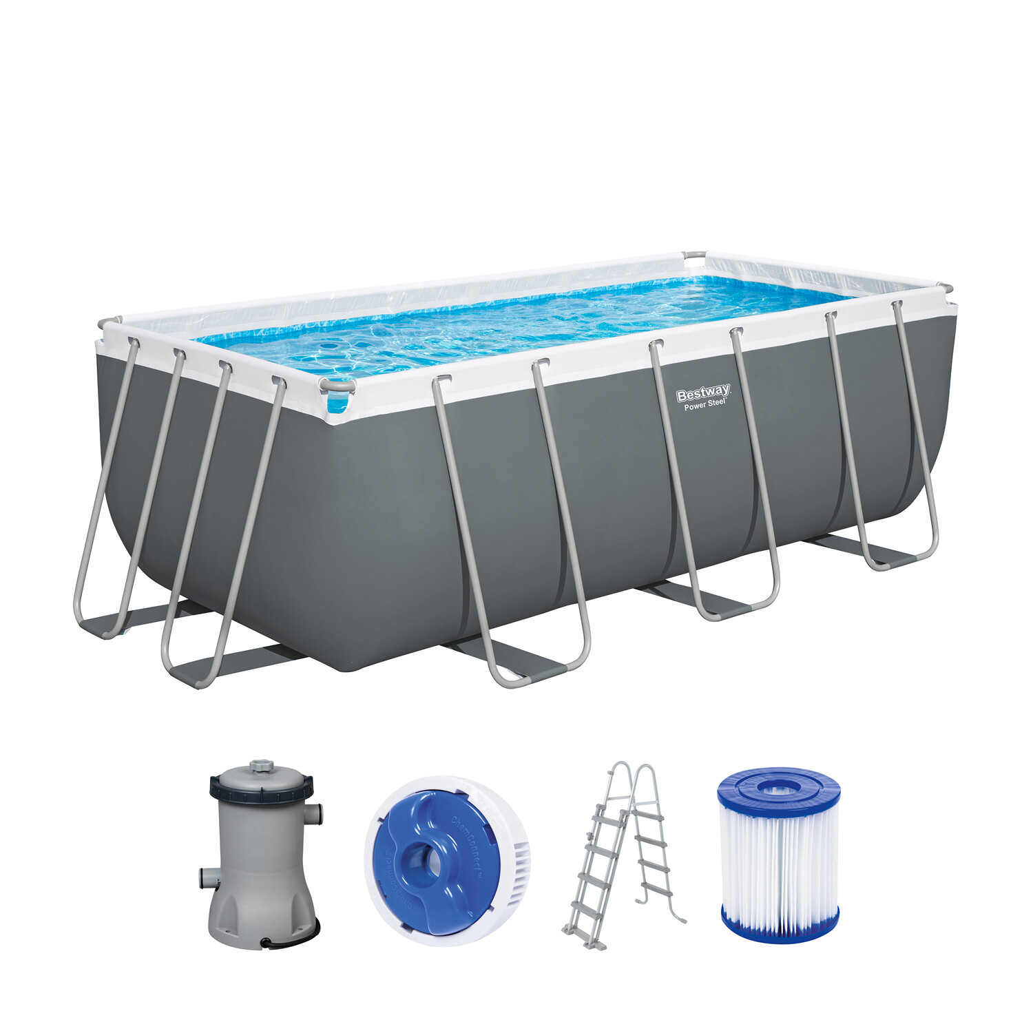 Bestway® Power Steel™ Frame Juego de Piscina con Bomba de Filtro 412 x 201 x 122 cm, Gris