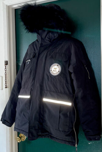 Amazing BOY LONDON Down Puffer Fur-lined Hooded Reflective Jacket-Black-Sz Large - Afbeelding 1 van 9