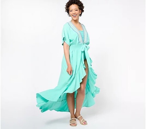 America & Beyond Embroidered Tie Waist Caftan - Teal Multi (sz 1XL) A614070