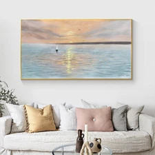 Abstract Landscape Hand Painted Oil Painting Sailboat and Sunset Canvas Picture