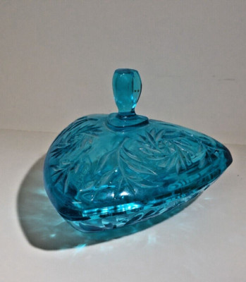 Vintage MCM Hazel Atlas Capri Blue Glass Pinwheel Triangle Candy Dish w/ Lid 6 