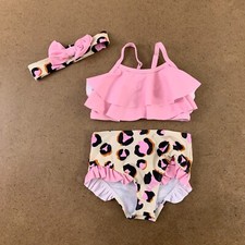 Shein Baby Size 18-24 Months Pink Leopard Ruffle Trim Bikini With Headband NWT