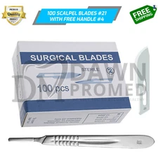 100 Sterile Surgical Blades #21 FREE BP Scalpel Handle #4 Medical ENT Dental
