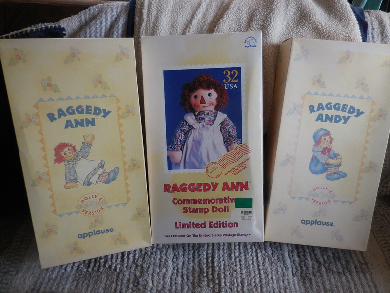 Lot of 3 Commemorative Raggedy Ann and Andy Dolls, NIB, Ann by Applesauce, 1997