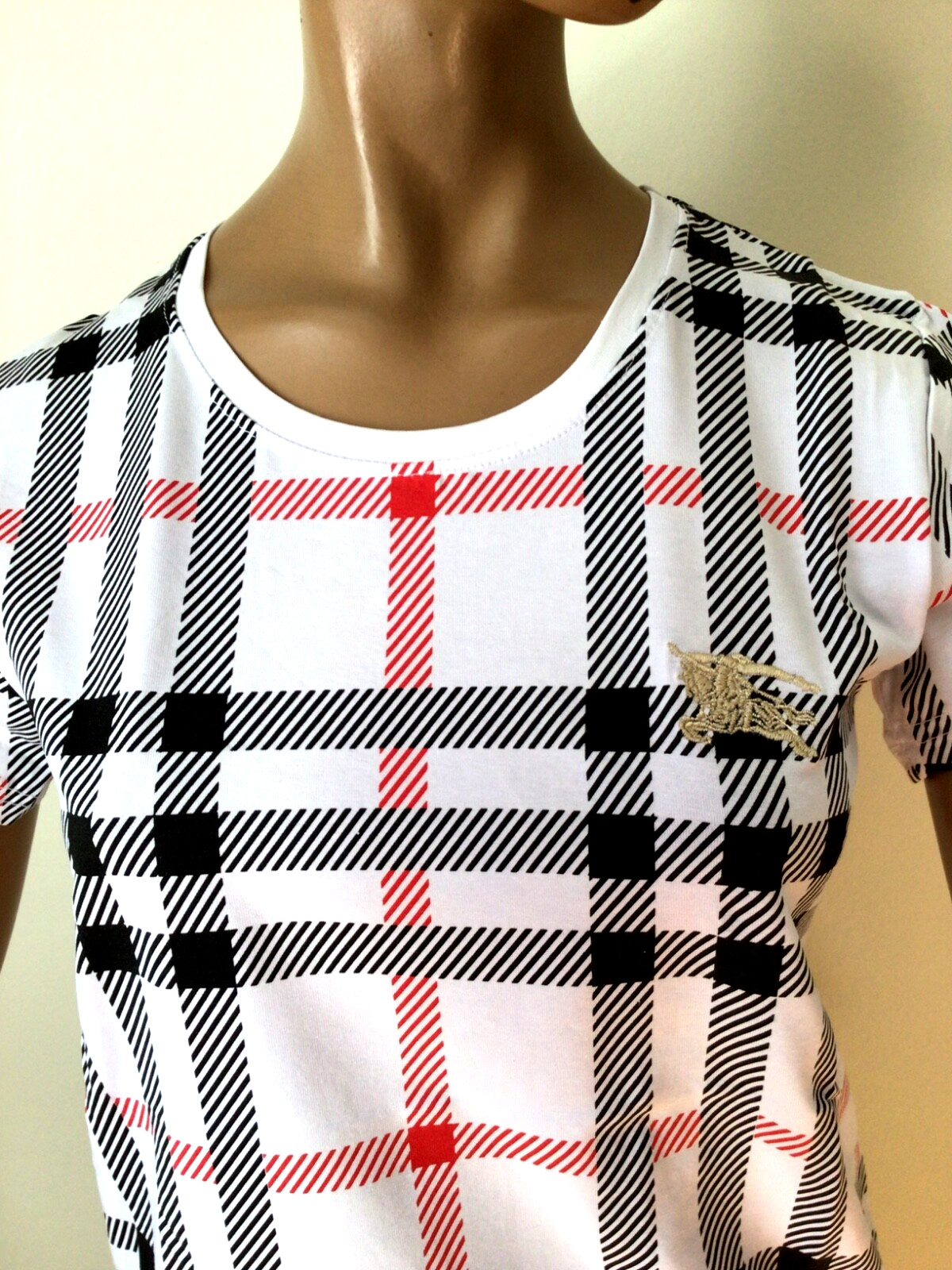 NEW BURBERRY LONDON  WHITE/BLACK/RED COTTON STRETCHED TOP SIZE XL