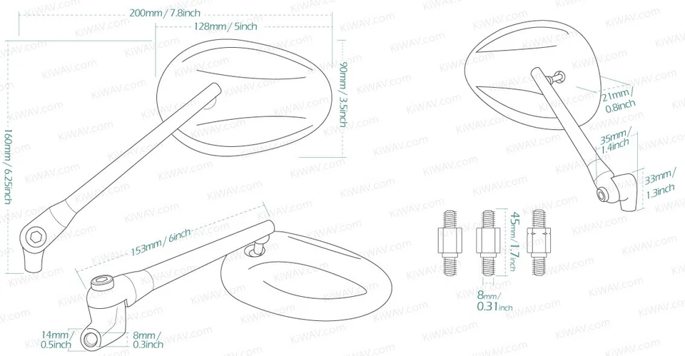 Espejos retrovisores de pago de servicio estadounidense aluminio elipse cromo 8 mm se adapta a bicicleta scooter Honda Suzuki Foto 2 de 4