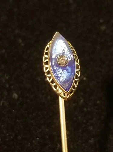 DIAMOND & GOLD FILLED BLUE GLASS Stick Pin Tie Tac Lapel Pin Men’s Women’s