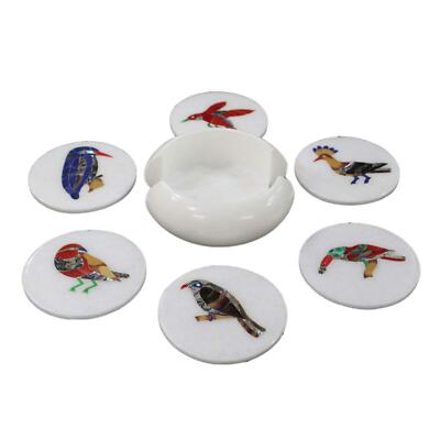 Marble Tea coaster Set semi precious stones inlay Handmade Work Home Decor r
