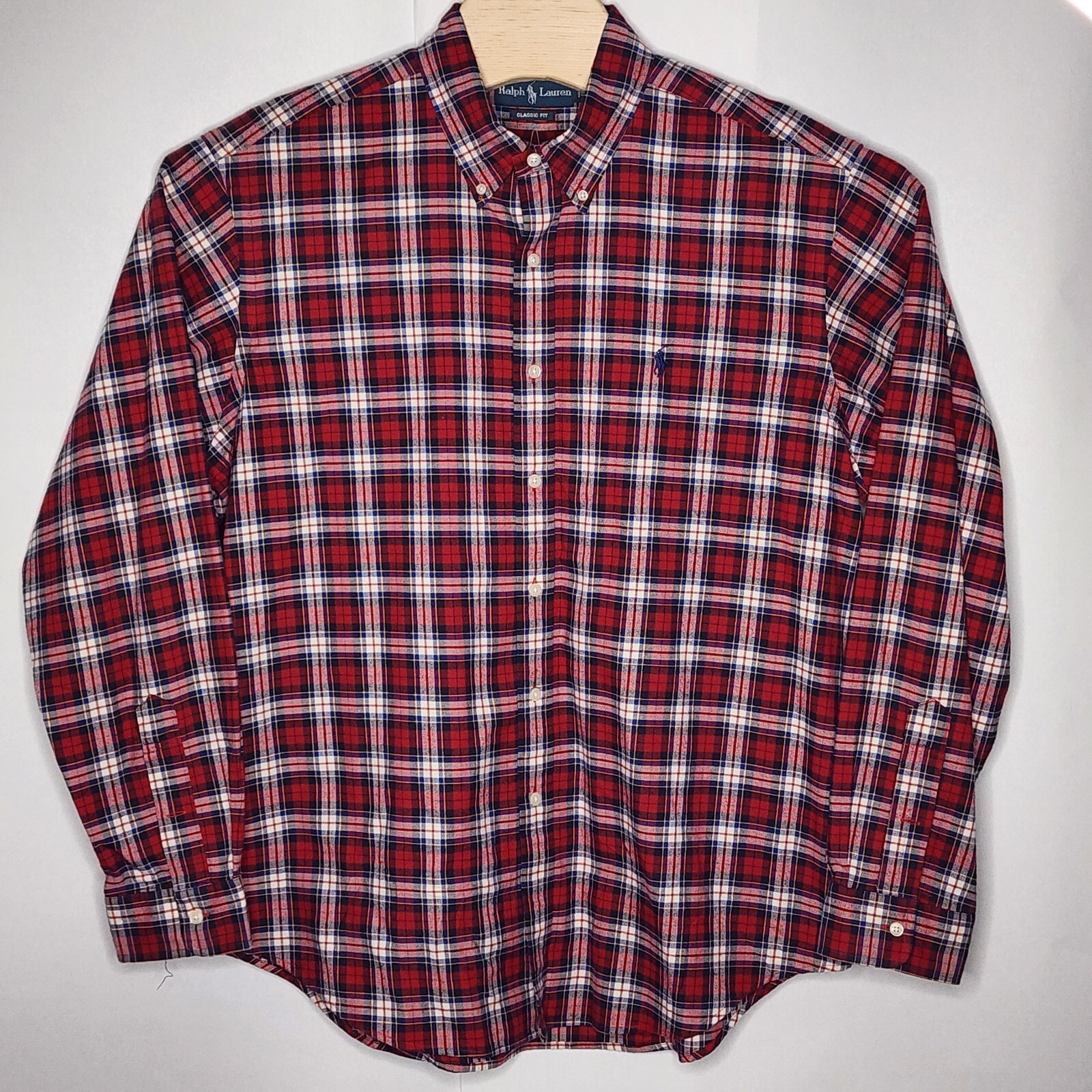 Ralph Lauren Button Up Shirt Mens XL Long Sleeve Red Blue Plaid Navy Pony Cotton thumbnail 2