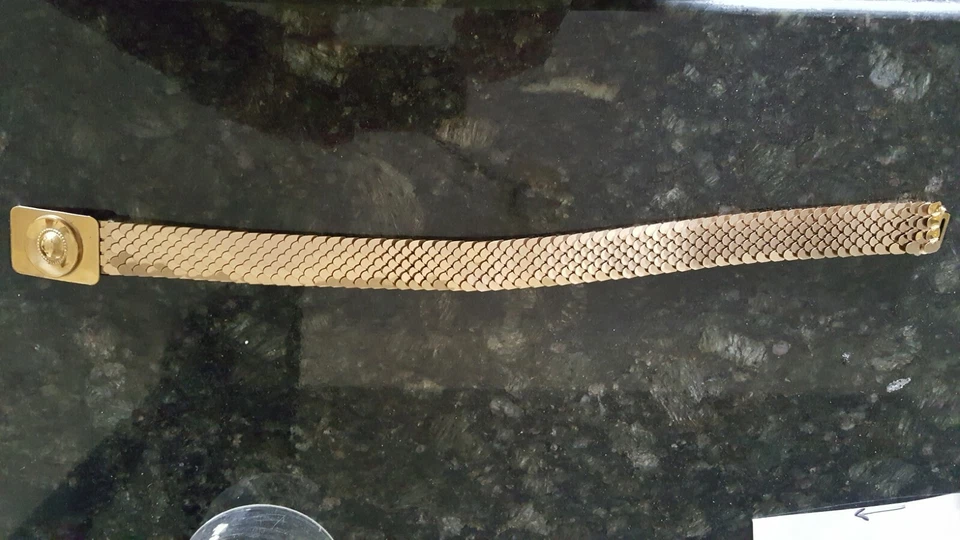 Cinturón elástico vintage de mujer con hebilla rectangular a escala de peces tono dorado Foto 2 de 4