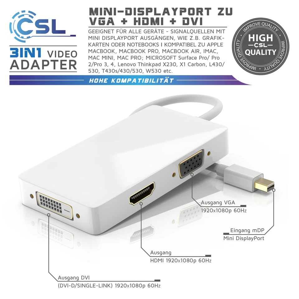 CSL 3in1 Mini Display Port zu HDMI + DVI + VGA Adapter / Konverter für PC & MAC - Bild 2 von 4