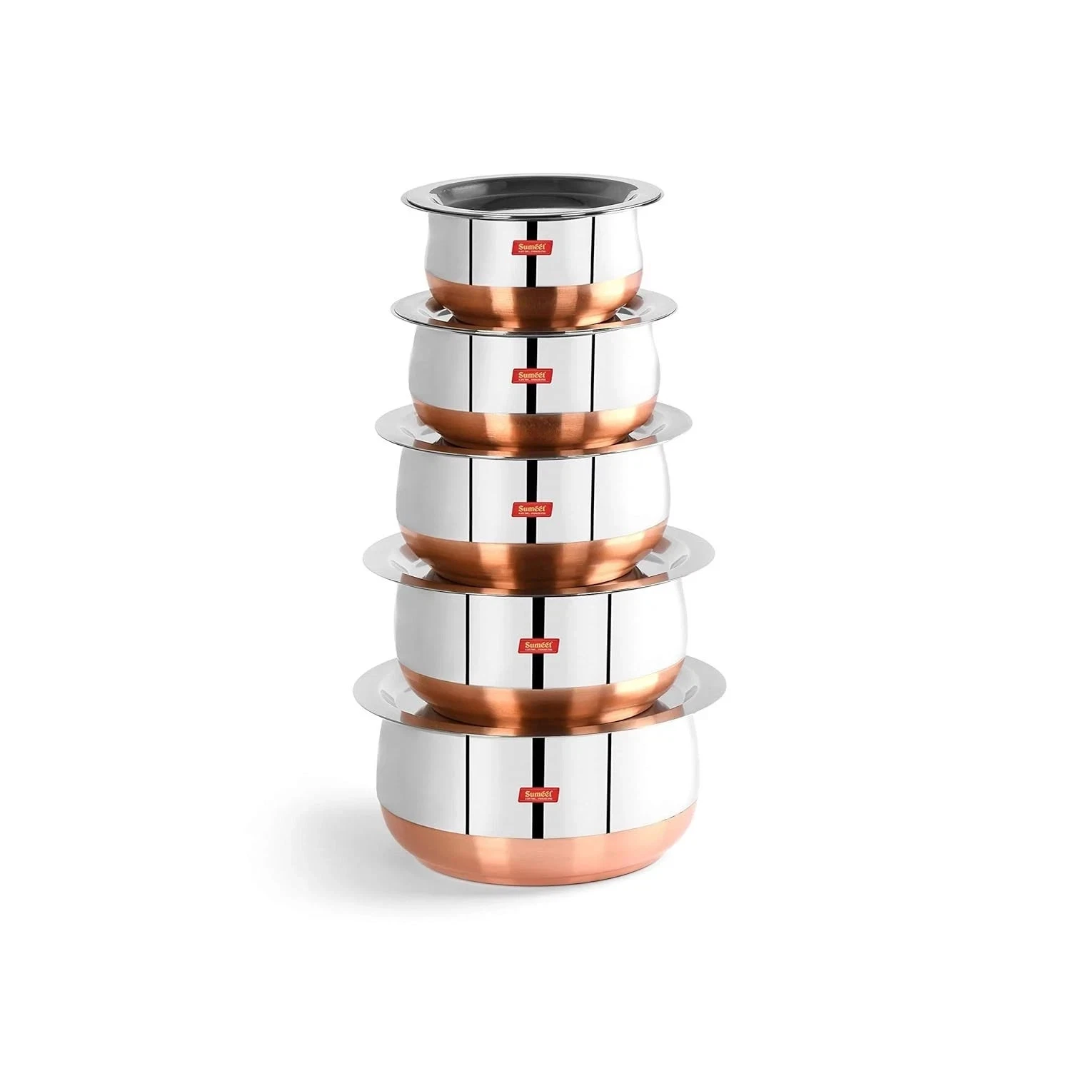 Set of 5 Stainless Steel Copper Bottom Handi Cookware with Lids