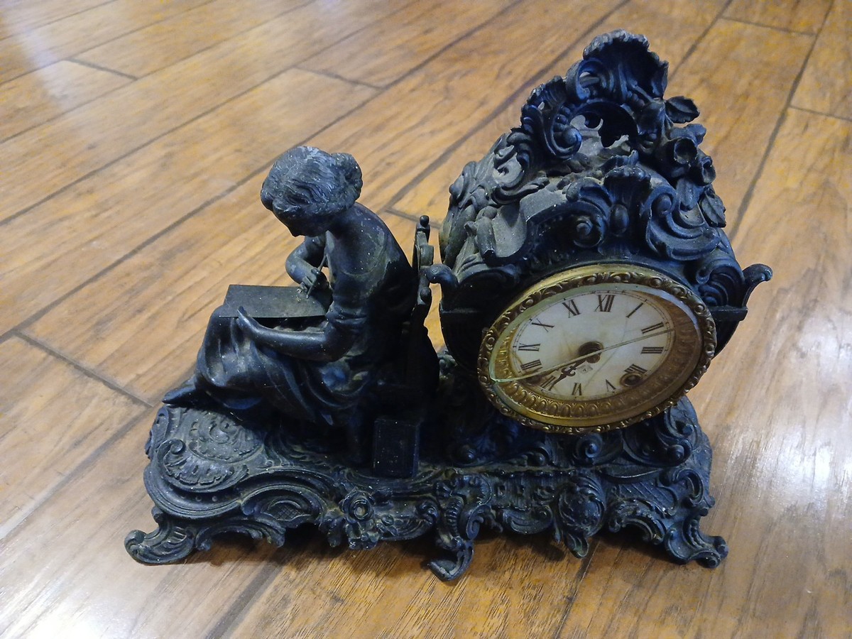 Vintage Antique Ansonia Metal Mantel Clock Seated Scholar Figure