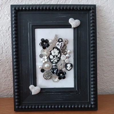 Jewelry Collage 3D Art Black Distressed Frame Silvers, Blacks, and Whites
