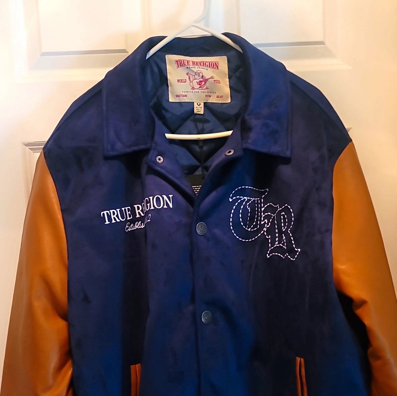 True Religion Men’s Varsity Jacket Button Blue/Brown Faux Leather XL Logo image 1