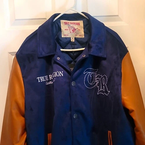 True Religion Men’s Varsity Jacket Button Blue/Brown Faux Leather XL Logo video thumbnail