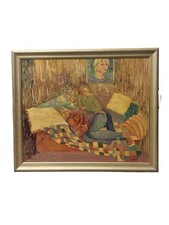 Large Vintage Oil Painting Of A Couple On The Sofa With A Dog Signed Cornish