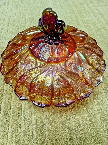 Imperial Glass Dish w/Lid 3 leg Carnival Glass 6"T X 6.5"Round