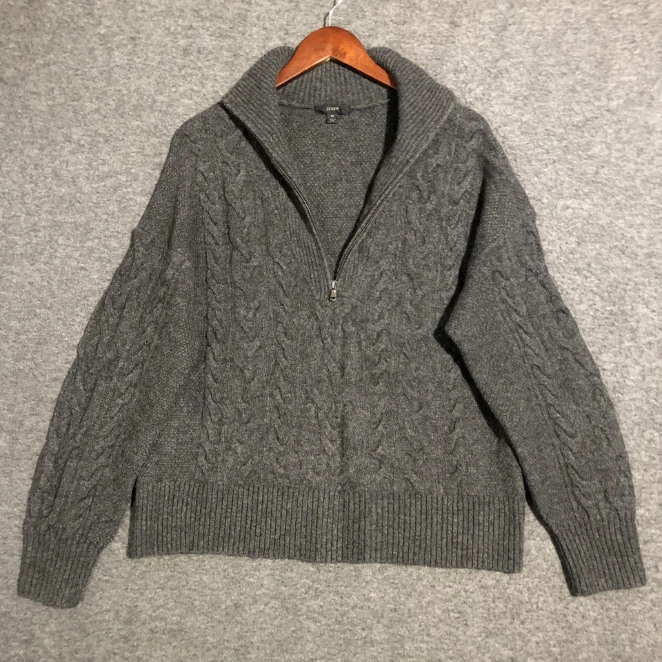 J.Crew Sweater Mens M Gray Half Zip Cable Knit Merino Alpaca Pullover Preppy - Image 3 of 4