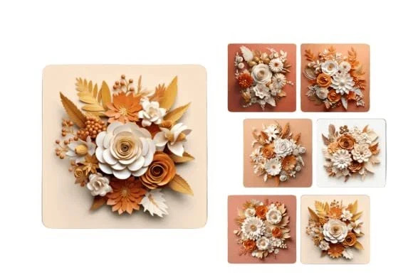 Set of 6 Square Paper Flowers MDF Coasters