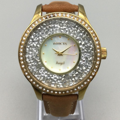 Invicta Angel Watch Womens 39mm Gold Tone MOP CrystaLs Leather Brown New Battery