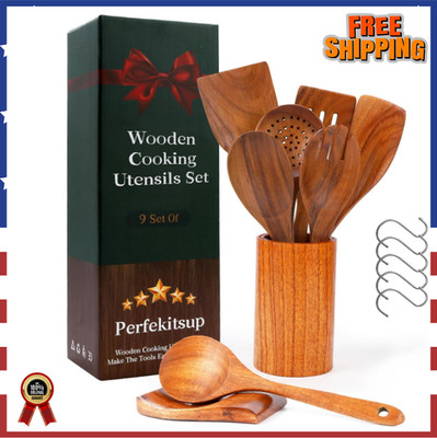 Wooden Kitchen Utensils set 9 PCS Wooden Cooking Spoons and Spatula for Cooking