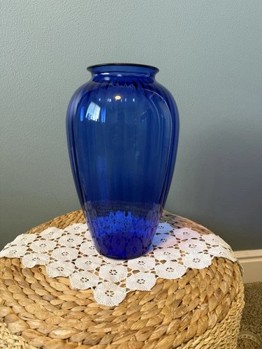 Vtg 1980s Anchor Hocking Cobalt Blue Ribbed Optic Tall Glass Vase 13" No Chips