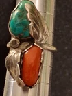 Vintage Native American Zuni Sterling Silver Turquoise and Red Coral Ring Size 6